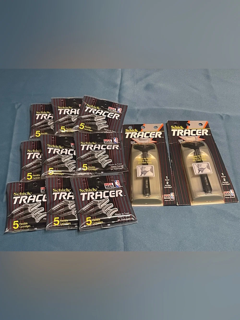 Vintage Lot Of 2 Schick Tracer Razors and 9 packs of 5 Cartridge Refills